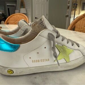 Golden Goose White Sneakers with Neon Yellow Star